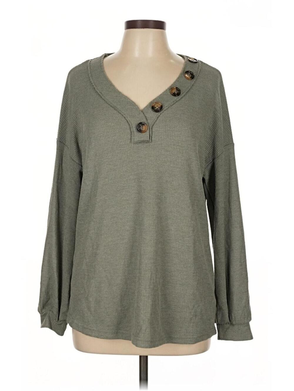BTFBM Olive Green Waffle Knit Button Detail Long Sleeve Top